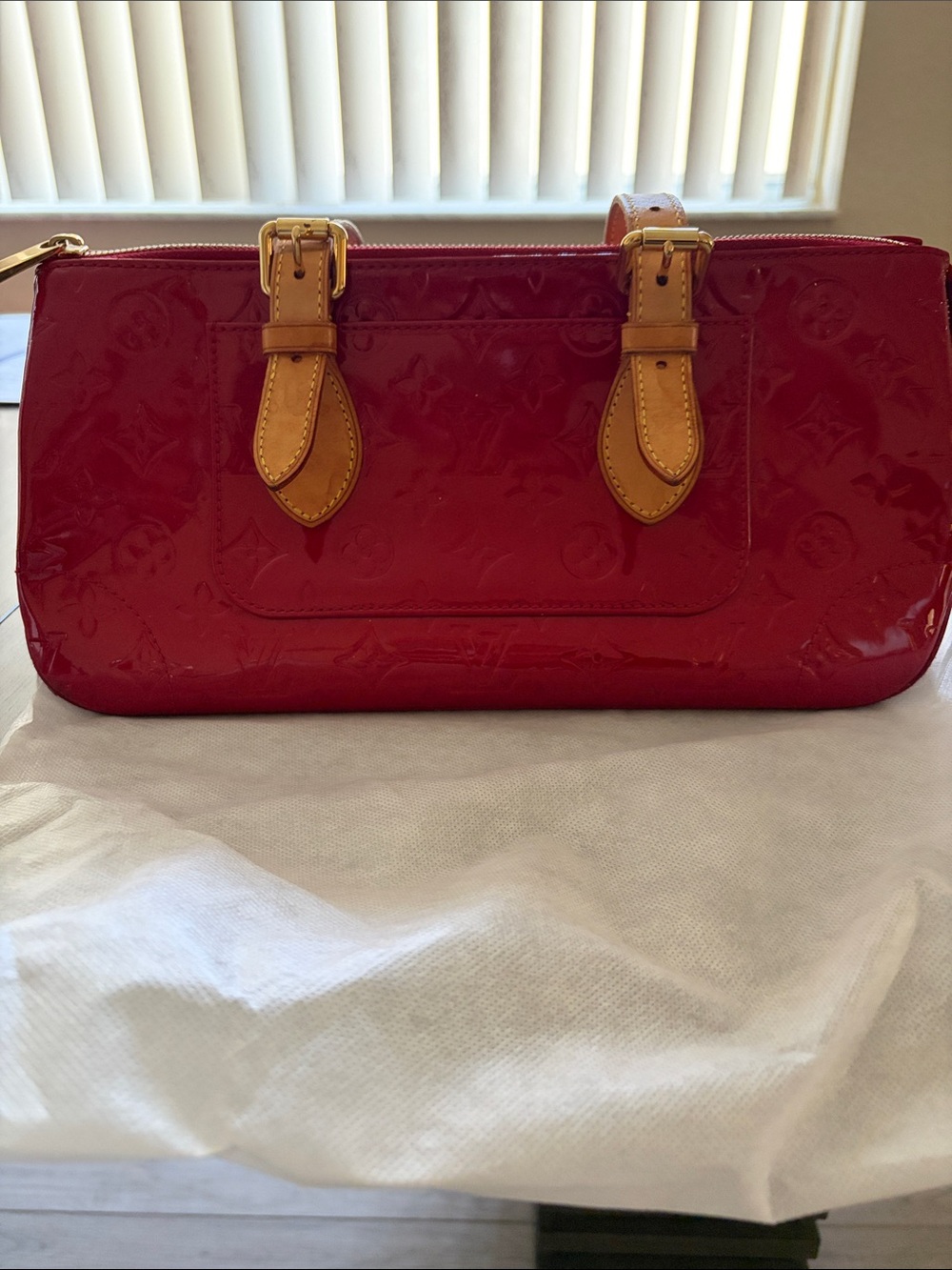 Red Patent Tote Bag with Tan Accents